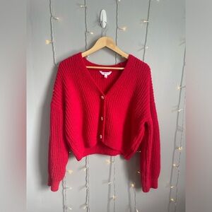 Red V-Neck Button-Up Women Sweater